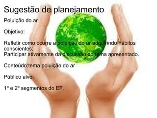 Sugestão de planejamento Poluição do ar Objetivo: Refletir como ocorre a poluição do ar adquirindo hábitos conscientes; Participar ativamente da discussão do tema apresentado. Conteúdo:tema poluição do ar Público alvo: 1º e 2º segmentos do EF. 