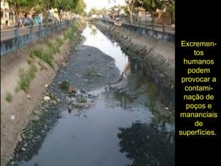 Excremen-
tos
humanos
podem
provocar a
contami-
nação de
poços e
mananciais
de
superfícies.
 