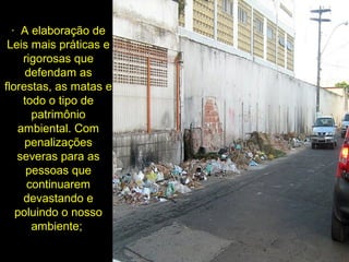 · A elaboração de
Leis mais práticas e
rigorosas que
defendam as
florestas, as matas e
todo o tipo de
patrimônio
ambiental. Com
penalizações
severas para as
pessoas que
continuarem
devastando e
poluindo o nosso
ambiente;
 