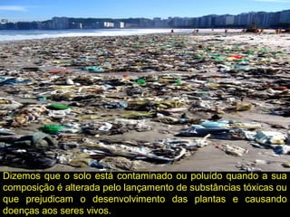 Dizemos que o solo está contaminado ou poluído quando a sua
composição é alterada pelo lançamento de substâncias tóxicas ou
que prejudicam o desenvolvimento das plantas e causando
doenças aos seres vivos.
 