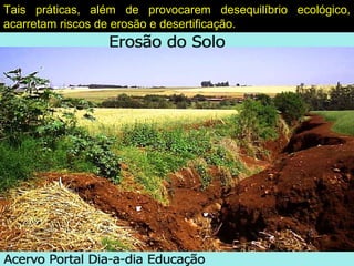Tais práticas, além de provocarem desequilíbrio ecológico,
acarretam riscos de erosão e desertificação.
 