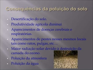  Desertificação do solo.
 Produtividade agrícola diminui
 Aparecimentos de doenças cerebrais e
respiratórias.
 Aparecimentos de pestes nesses mesmos locais
tais como ratos, pulgas, etc…
 Maior radiação solar devido à destruição da
camada do ozono.
 Poluição da atmosfera
 Poluição da água
 