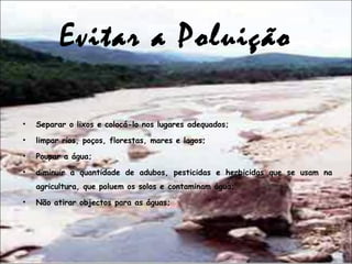 Evitar a Poluição
• Separar o lixos e colocá-lo nos lugares adequados;
• limpar rios, poços, florestas, mares e lagos;
• Poupar a água;
• diminuir a quantidade de adubos, pesticidas e herbicidas que se usam na
agricultura, que poluem os solos e contaminam água;
• Não atirar objectos para as águas;
 