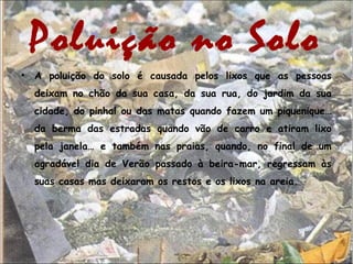 Poluição no Solo
• A poluição do solo é causada pelos lixos que as pessoas
deixam no chão da sua casa, da sua rua, do jardim da sua
cidade, do pinhal ou das matas quando fazem um piquenique…
da berma das estradas quando vão de carro e atiram lixo
pela janela… e também nas praias, quando, no final de um
agradável dia de Verão passado à beira-mar, regressam às
suas casas mas deixaram os restos e os lixos na areia.
 