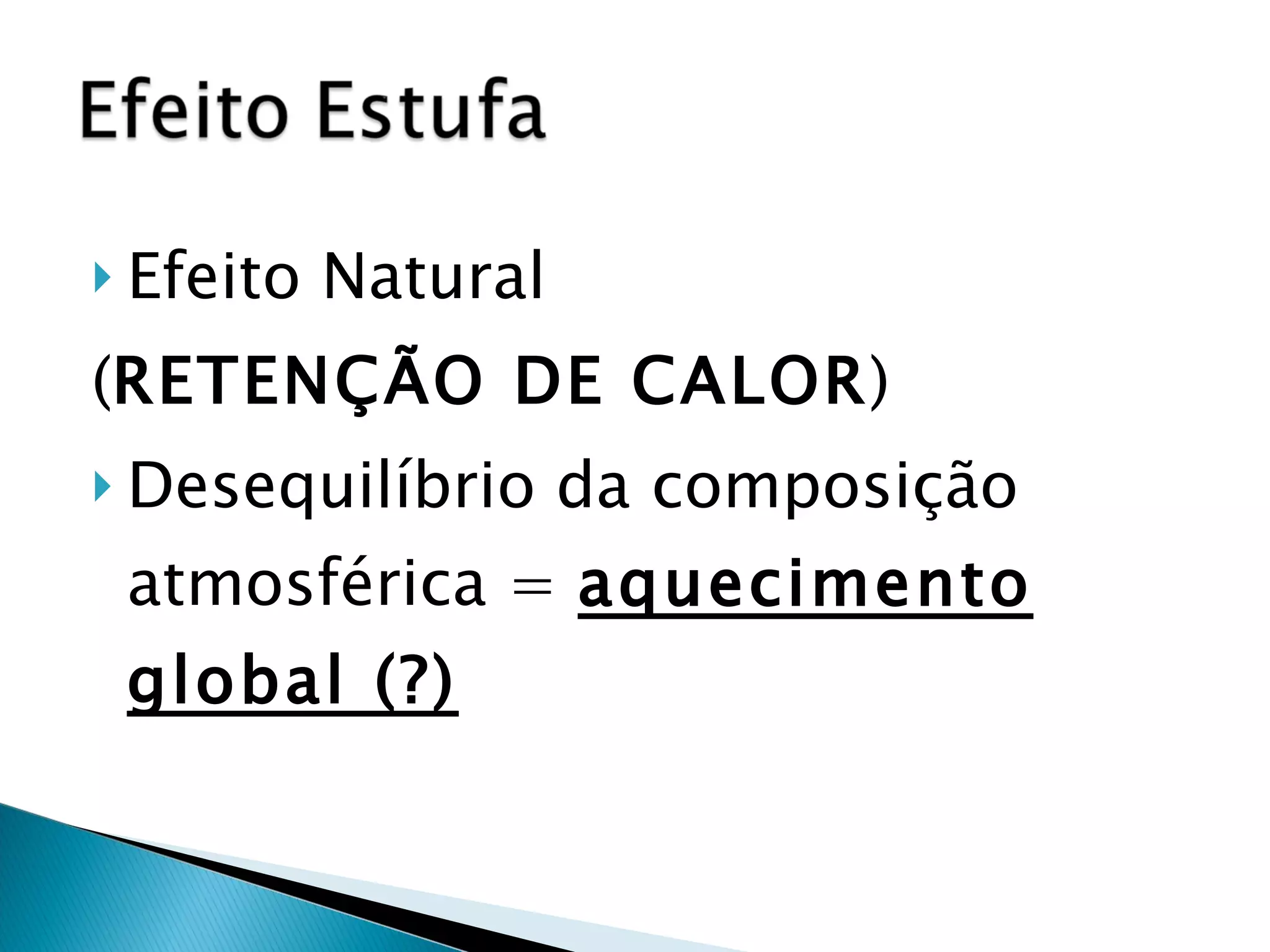 Efeito Natural ( RETENÇÃO DE CALOR ) Desequilíbrio da composição atmosférica =  aquecimento global (?) 