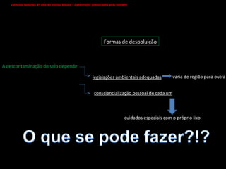 Ciências Naturais 8º ano do ensino básico – Catástrofes provocadas pelo homem   Formas de despoluição A descontaminação do solo depende: legislações ambientais adequadas varia de região para outra consciencialização pessoal de cada um cuidados especiais com o próprio lixo 