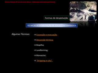 Ciências Naturais 8º ano do ensino básico – Catástrofes provocadas pelo homem   Formas de despoluição ->  Escavação e evacuação; ->  Dessorção térmica; ->  Biopilha; ->  Landfarming; ->  Bioreactor; ->  “ Stripping in situ”. Algumas Técnicas: TÉCNICAS DE REMEDIAÇÃO DE SOLOS CONTAMINADOS 