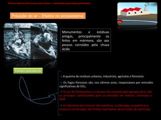 Ciências Naturais 8º ano do ensino básico – Catástrofes provocadas pelo homem   Monumentos e estátuas antigas, principalmente os feitos em mármore, são aos poucos corroídos pela chuva ácida Poluição do ar – Efeitos no ecossistema ->   A queima de resíduos urbanos, industriais, agrícolas e florestais ->   Os fogos florestais são, nos últimos anos, responsáveis por emissões significativas de CO 2 ; ->   O uso de fertilizantes e o excesso de concentração agropecuária, são os principais contribuintes para as emissões de metano, amoníaco e N2O As indústrias de minerais não metálicos, a siderurgia, as pedreiras e áreas em construção, são fontes importantes de emissões de partículas.  As indústrias de minerais não metálicos, a siderurgia, as pedreiras e áreas em construção, são fontes importantes de emissões de partículas.  As indústrias de minerais não metálicos, a siderurgia, as pedreiras e áreas em construção, são fontes importantes de emissões de partículas.  ->   As indústrias de minerais não metálicos, a siderurgia, as pedreiras e áreas em construção, são fontes importantes de emissões de partículas.  Fontes poluidoras 