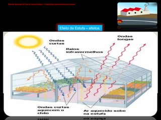 Ciências Naturais 8º ano do ensino básico – Catástrofes provocadas pelo homem   A radiação solar que chega ao topo da atmosfera e  penetra  ->  Absorvida  (pelos gases atmosféricos e vapor de água) ->  Difundida  (pelas moléculas dos gases atmosféricos e pelas partículas em suspensão no ar) ->  Reflectida  (principalmente pelas núvens) Então só uma parte (cerca de 47%) da radiação que chega ao topo da atmosfera é que alcança o globo terrestre (oceanos e continentes). Por sua vez, o globo também emite radiação mas no domínio dos infravermelhos. Efeito de Estufa – efeitos  