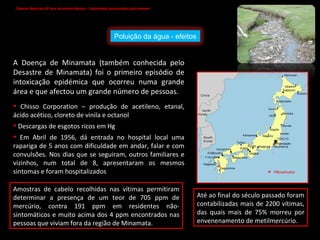 A Doença de Minamata (também conhecida pelo Desastre de Minamata) foi o primeiro episódio de intoxicação epidémica que ocorreu numa grande área e que afectou um grande número de pessoas. Chisso Corporation – produção de acetileno, etanal, ácido acético, cloreto de vinila e octanol Descargas de esgotos ricos em Hg Em Abril de 1956, dá entrada no hospital local uma rapariga de 5 anos com dificuldade em andar, falar e com convulsões. Nos dias que se seguiram, outros familiares e vizinhos, num total de 8, apresentaram os mesmos sintomas e foram hospitalizados Amostras de cabelo recolhidas nas vítimas permitiram determinar a presença de um teor de 705 ppm de mercúrio, contra 191 ppm em residentes não-sintomáticos e muito acima dos 4 ppm encontrados nas pessoas que viviam fora da região de Minamata. Até ao final do século passado foram contabilizadas mais de 2200 vítimas, das quais mais de 75% morreu por envenenamento de metilmercúrio. Ciências Naturais 8º ano do ensino básico – Catástrofes provocadas pelo homem   Poluição da água - efeitos 