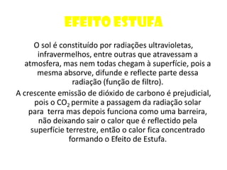 Efeito EstufaO sol é constituído por radiações ultravioletas, infravermelhos, entre outras que atravessam a atmosfera, mas nem todas chegam à superfície, pois a mesma absorve, difunde e reflecte parte dessa radiação (função de filtro).A crescente emissão de dióxido de carbono é prejudicial, pois o CO2 permite a passagem da radiação solar para  terra mas depois funciona como uma barreira, não deixando sair o calor que é reflectido pela superfície terrestre, então o calor fica concentrado formando o Efeito de Estufa.