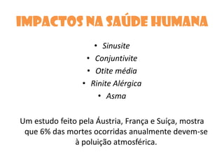 Impactos na saúde humanaSinusiteConjuntiviteOtite médiaRinite AlérgicaAsmaUm estudo feito pela Áustria, França e Suíça, mostra que 6% das mortes ocorridas anualmente devem-se à poluição atmosférica.