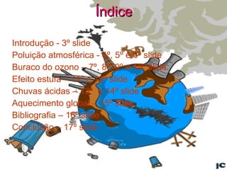 Índice Introdução - 3º slide Poluição atmosférica - 4º, 5º e 6º slide Buraco do ozono – 7º, 8º, 9º e 10º slide Efeito estufa – 11º e 12º slide Chuvas ácidas – 13º  e 14º slide Aquecimento global – 15º slide Bibliografia – 16º slide Conclusão – 17º slide 