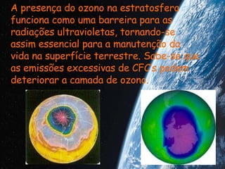 A presença do ozono na estratosfera funciona como uma barreira para as radiações ultravioletas, tornando-se assim essencial para a manutenção da vida na superfície terrestre. Sabe-se que as emissões excessivas de CFC’s podem deteriorar a camada de ozono.  