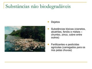 Substâncias não biodegradáveis Dejetos  Substâncias tóxicas (cianetos, alcatrões, fenóis e metais – chumbo, zinco, cobre entre outros) Fertilizantes e pesticidas agrícolas (carregados para os rios pelas chuvas) 