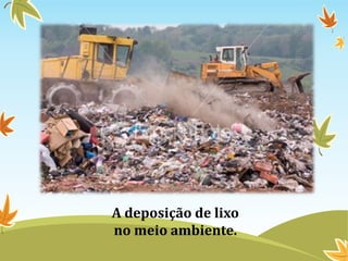 A deposição de lixo
no meio ambiente.
 