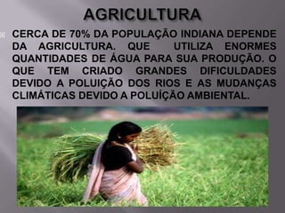 

CERCA DE 70% DA POPULAÇÃO INDIANA DEPENDE
DA AGRICULTURA. QUE
UTILIZA ENORMES
QUANTIDADES DE ÁGUA PARA SUA PRODUÇÃO. O
QUE TEM CRIADO GRANDES DIFICULDADES
DEVIDO A POLUIÇÃO DOS RIOS E AS MUDANÇAS
CLIMÁTICAS DEVIDO A POLUÍÇÃO AMBIENTAL.

 