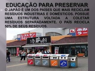 

O JAPÃO É UM DOS PAÍSES QUE MAIS RECICLAM
RESÍDUOS INDUSTRIAS E DOMÉSTICOS. POSSUE
UMA
ESTRUTURA
VOLTADA
A
COLETAR
RESÍDUOS SEPARADAMENTE. O PAÍS RECICLA
50% DE SEUS RESÍDUOS.

 