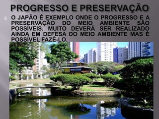 

O JAPÃO É EXEMPLO ONDE O PROGRESSO E A
PRESERVAÇÃO DO MEIO AMBIENTE SÃO
POSSÍVEIS. MUITO DEVERÁ SER REALIZADO
AINDA EM DEFESA DO MEIO AMBIENTE MAS É
POSSÍVEL FAZÊ-LO.

 