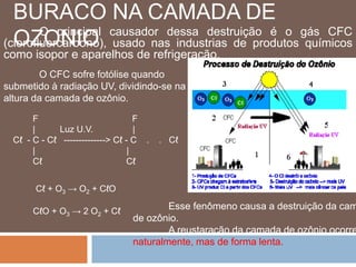 BURACO NA CAMADA DE 
OZONIO 
O principal causador dessa destruição é o gás CFC 
(clorofluorcarbono), usado nas industrias de produtos químicos 
como isopor e aparelhos de refrigeração. 
O CFC sofre fotólise quando 
submetido à radiação UV, dividindo-se na 
altura da camada de ozônio. 
F F 
| Luz U.V. | 
Cℓ - C - Cℓ --------------> Cℓ - C . . Cℓ 
| | 
Cℓ Cℓ 
Cℓ + O3 → O2 + CℓO 
CℓO + O3 → 2 O2 + Cℓ 
Esse fenômeno causa a destruição da camada 
de ozônio. 
A reustaração da camada de ozônio ocorre 
naturalmente, mas de forma lenta. 
 
