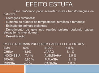 EFEITO ESTUFA 
Esse fenômeno pode acarretar muitas transformações na 
natureza: 
 alterações climáticas; 
 aumento do número de tempestades, furacões e tornados; 
 Extinção de animais e plantas; 
 Derretimento de gelo nas regiões polares podendo causar 
elevação no nível do mar; 
 Desertificação 
PAÍSES QUE MAIS PRODUZEM GASES EFEITO ESTUFA: 
EUA 69% INDIA 4,5 % 
CHINA 11,9% JAPÃO 3,1 % 
INDONESIA 7,4 % ALEMNAHA 2,5 % 
BRASIL 5,85 % MALÁSIA 2,1 % 
RUSSIA 4,8 % CANADA 1,8 % 
 
