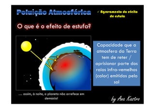  Agravamento do efeito
de estufa
O que é o efeito de estufa?
Capacidade que a
atmosfera da Terra
tem de reter /
aprisionar parte dos
raios infra-vemelhos
(calor) emitidos pelo
sol
by Ana Kastro
… assim, à noite, o planeta não arrefece em
demasia!
Capacidade que a
atmosfera da Terra
tem de reter /
aprisionar parte dos
raios infra-vemelhos
(calor) emitidos pelo
sol
 