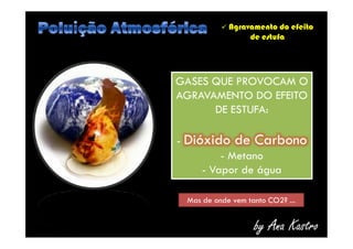  Agravamento do efeito
de estufa
GASES QUE PROVOCAM O
AGRAVAMENTO DO EFEITO
DE ESTUFA:
- Dióxido de Carbono
- Metano
- Vapor de água
GASES QUE PROVOCAM O
AGRAVAMENTO DO EFEITO
DE ESTUFA:
- Dióxido de Carbono
- Metano
- Vapor de água
by Ana Kastroby Ana Kastro
GASES QUE PROVOCAM O
AGRAVAMENTO DO EFEITO
DE ESTUFA:
- Dióxido de Carbono
- Metano
- Vapor de água
GASES QUE PROVOCAM O
AGRAVAMENTO DO EFEITO
DE ESTUFA:
- Dióxido de Carbono
- Metano
- Vapor de água
Mas de onde vem tanto CO2? ...
 