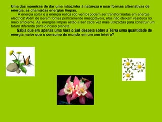 Uma das maneiras de dar uma mãozinha à natureza é usar formas alternativas de
energia, as chamadas energias limpas.
A energia solar e a energia eólica (do vento) podem ser transformadas em energia
eléctrica! Além de serem fontes praticamente inesgotáveis, elas não deixam resíduos no
meio ambiente. As energias limpas estão a ser cada vez mais utilizadas para construir um
futuro diferente para o nosso planeta.
Sabia que em apenas uma hora o Sol despeja sobre a Terra uma quantidade de
energia maior que o consumo do mundo em um ano inteiro?
 