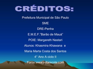 Prefeitura Municipal de São Paulo SME DRE-Penha E.M.E.F.”Barão de Mauá” POIE: Margareth Nastari Alunos: Khasmira Khawana  e  Maria Marta Costa dos Santos 4° Ano A ciclo II Fonte:www.infoescola.com CRÉDITOS: 