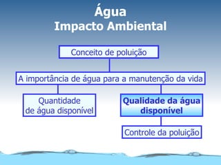 Água Impacto Ambiental Controle da poluição Qualidade da água disponível Quantidade de água disponível A importância de água para a manutenção da vida Conceito de poluição 