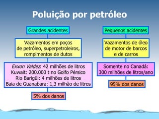 Poluição por petróleo Grandes acidentes Vazamentos em poços de petróleo, superpetroleiros, rompimentos de dutos Exxon Valdez : 42 milhões de litros Kuwait: 200.000 t no Golfo Pérsico Rio Barigüi: 4 milhões de litros Baia de Guanabara: 1,3 milhão de litros 5% dos danos Pequenos acidentes Vazamentos de óleo de motor de barcos e de carros Somente no Canadá: 300 milhões de litros/ano 95% dos danos 