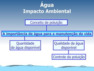 Água Impacto Ambiental Controle da poluição Qualidade da água disponível Quantidade de água disponível A importância de água para a manutenção da vida Conceito de poluição 