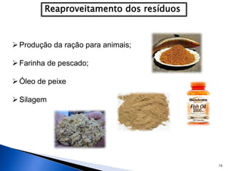 16
Produção da ração para animais;
Farinha de pescado;
Óleo de peixe
Silagem
 