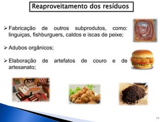 17
Fabricação de outros subprodutos, como:
linguiças, fishburguers, caldos e iscas de peixe;
Adubos orgânicos;
Elaboração de artefatos de couro e de
artesanato;
 