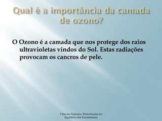 O Ozono é a camada que nos protege dos raios
  ultravioletas vindos do Sol. Estas radiações
  provocam os cancros de pele.




                Ciências Naturais- Perturbações no
                   Equilíbrio dos Ecossistemas       6
 