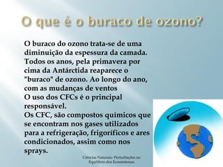 O buraco do ozono trata-se de uma
diminuição da espessura da camada.
Todos os anos, pela primavera por
cima da Antárctida reaparece o
"buraco" de ozono. Ao longo do ano,
com as mudanças de ventos
O uso dos CFCs é o principal
responsável.
Os CFC, são compostos químicos que
se encontram nos gases utilizados
para a refrigeração, frigoríficos e ares
condicionados, assim como nos
sprays.
                  Ciências Naturais- Perturbações no
                     Equilíbrio dos Ecossistemas       7
 