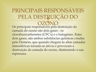 

Os principais responsáveis pela destruição da
camada do ozono são dois gases - os
clorofluorcarbonetos (CFC's) e o halogéneo. Estes
dois gases, são ambos substâncias químicas criadas
pelo Homem, que quando chegam às altas camadas
atmosféricas tornam-se ativos e provocam a
destruição da camada do ozono, diminuindo a sua
espessura.
PRINCIPAIS RESPONSÁVEIS
PELA DESTRUIÇÃO DO
OZONO
 