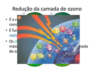 Redução da camada de ozono
• É a camada, situada na estratosfera,
constituída por ozono
• É fundamental para proteger nos das
radiações ultravioletas (UV)
• Os clorofluorcarbonetos (CFC’s) são os
maiores responsáveis pela redução da camada
de ozono
