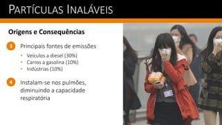 PARTÍCULAS INALÁVEIS
Origens e Consequências
3 Principais fontes de emissões
• Veículos a diesel (30%)
• Carros a gasolina (10%)
• Indústrias (10%)
4 Instalam-se nos pulmões,
diminuindo a capacidade
respiratória
 