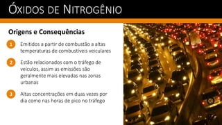 ÓXIDOS DE NITROGÊNIO
Origens e Consequências
Estão relacionados com o tráfego de
veículos, assim as emissões são
geralmente mais elevadas nas zonas
urbanas
1
2
Emitidos a partir de combustão a altas
temperaturas de combustíveis veiculares
Altas concentrações em duas vezes por
dia como nas horas de pico no tráfego
3
 