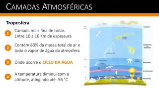 CAMADAS ATMOSFÉRICAS
Troposfera
Contém 80% da massa total de ar e
todo o vapor de água da atmosfera
1
2
3
4
A temperatura diminui com a
altitude, atingindo até -56 °C
Camada mais fina de todas
Entre 10 a 16 Km de espessura
Onde ocorre o CICLO DA ÁGUA
 
