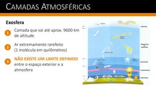 CAMADAS ATMOSFÉRICAS
Exosfera
Ar extremamente rarefeito
(1 molécula em quilômetros)
1
2
3
Camada que vai até aprox. 9600 km
de altitude
NÃO EXISTE UM LIMITE DEFINIDO
entre o espaço exterior e a
atmosfera
 