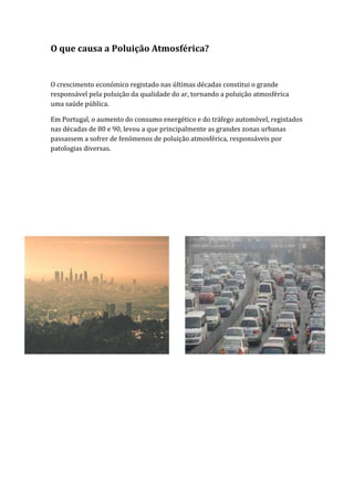 O que causa a Poluição Atmosférica?


O crescimento económico registado nas últimas décadas constitui o grande
responsável pela poluição da qualidade do ar, tornando a poluição atmosférica
uma saúde pública.

Em Portugal, o aumento do consumo energético e do tráfego automóvel, registados
nas décadas de 80 e 90, levou a que principalmente as grandes zonas urbanas
passassem a sofrer de fenómenos de poluição atmosférica, responsáveis por
patologias diversas.
 