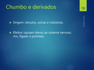 Chumbo e derivados
 Origem: veículos, usinas e indústrias.
 Efeitos: causam danos ao sistema nervoso,
rins, fígado e pulmões.
18
 