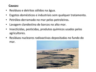 Causas: Resíduos e detritos sólidos na água. Esgotos domésticos e industriais sem qualquer tratamento. Petróleo derramado no mar pelos petroleiros. Lavagem clandestina de barcos no alto mar. Insecticidas, pesticidas, produtos químicos usados pelos agricultores.  Resíduos nucleares radioactivas depositadas no fundo do mar. 
