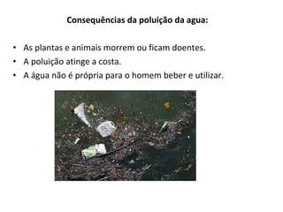 Consequências da poluição da agua: As plantas e animais morrem ou ficam doentes. A poluição atinge a costa. A água não é própria para o homem beber e utilizar. 