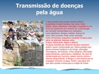 Transmissão de doenças pela água A água poluída pode causar diversos efeitos prejudiciais à saúde humana, tais como: febre tifóide, cólera, disenteria, meningite e hepatites A e B. Pode ser igualmente por vectores de contaminação por doenças transportadas por mosquitos, como paludismo, dengue, malária, doença do sono, febre amarela. Pode conter parasitas como verminoses, enquanto a escasses da água pode gerar ou potenciar doenças como a lepra, tuberculose, tétano e difteria. As águas poluídas por efluentes líquidos industriais podem causar contaminação por metais pesados que geram tumores hepáticos e de tiróide, alterações neurológicas, dermatoses, rinites alérgicas, disfunções gastrointestinais, pulmonares e hepáticas. No caso de contaminação por mercúrio, podem ocorrer anúria e diarreia sanguinolenta. A dengue é uma doença que se propagam somente na água. Porém, essa água tem que estar parada e limpa para a criação do inseto. 