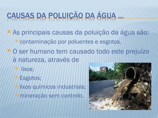    As principais causas da poluição da água são:
     contaminação   por poluentes e esgotos.
   O ser humano tem causado todo este prejuízo
    à natureza, através de
      lixos;
     Esgotos;

     lixos químicos industriais;

     mineração sem controlo.
 