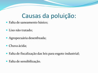 Causas da poluição:
 Falta de saneamento básico;
 Lixo não tratado;
 Agropecuária desenfreada;
 Chuva ácida;
 Falta de fiscalização das leis para esgoto industrial;
 Falta de sensibilização.
 