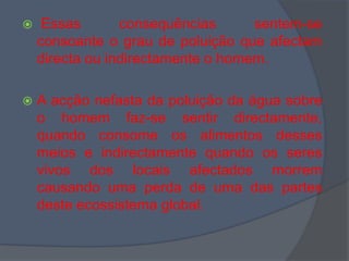 Essas consequências sentem-se consoante o grau de poluição que afectam directa ou indirectamente o homem. A acção nefasta da poluição da água sobre o homem faz-se sentir directamente, quando consome os alimentos desses meios e indirectamente quando os seres vivos dos locais afectados morrem causando uma perda de uma das partes deste ecossistema global.